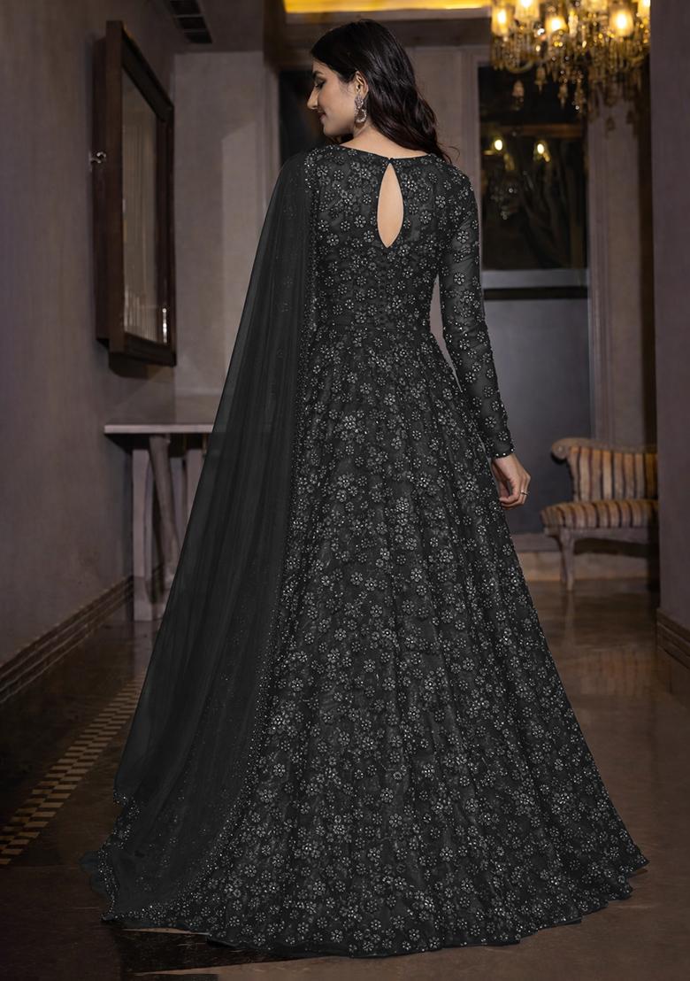Black Embroidered Net Anarkali With Dupatta - Indya