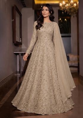 Peach Embroidered Net Anarkali With Dupatta