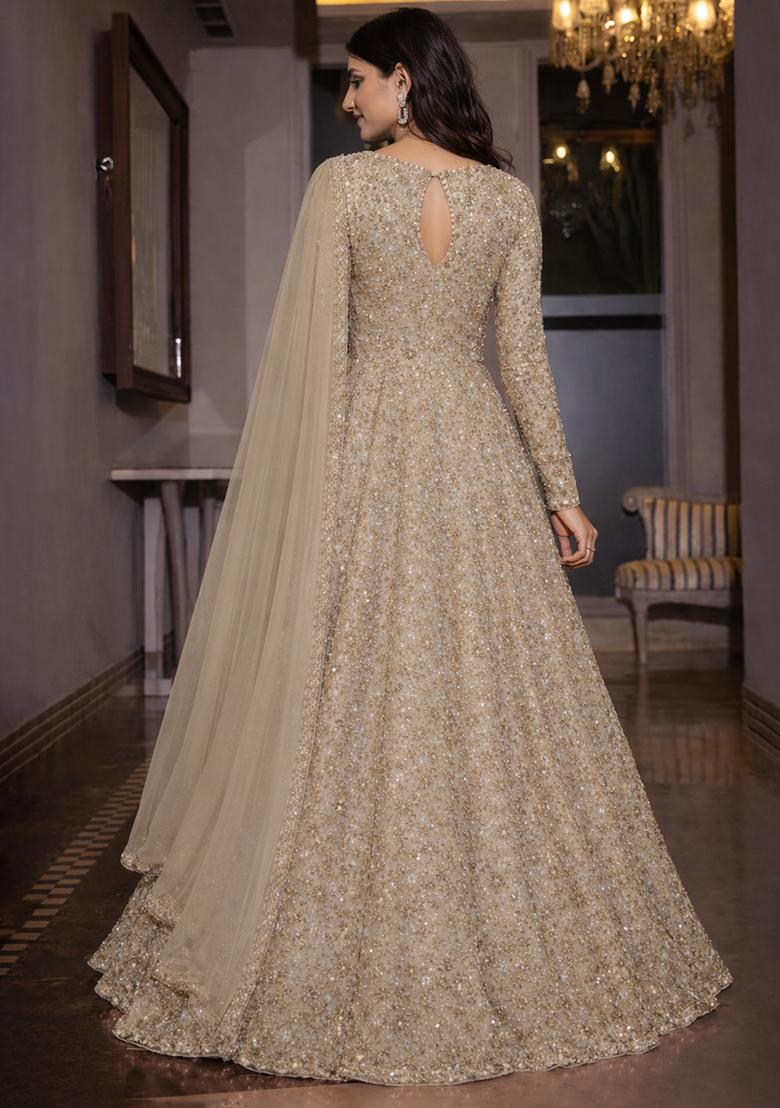 Peach Embroidered Net Anarkali With Dupatta - Indya