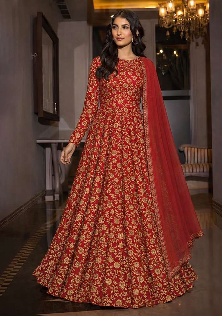 Deep Red Silk Anarkali With Dupatta - Indya