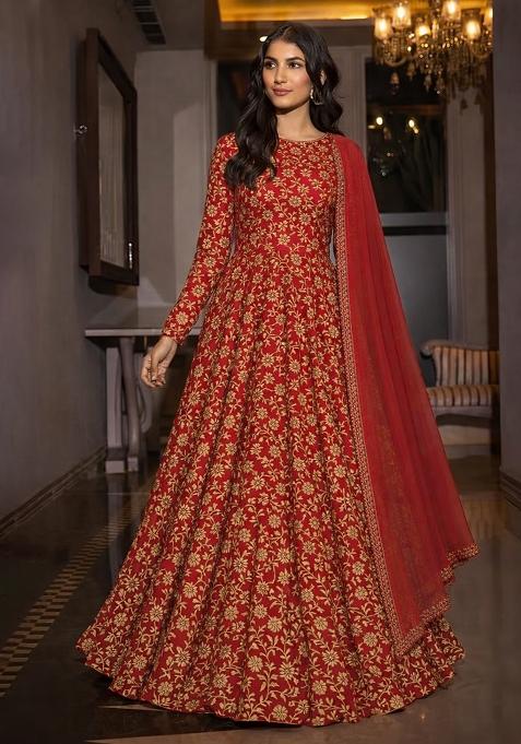 Deep Red Silk Anarkali With Dupatta