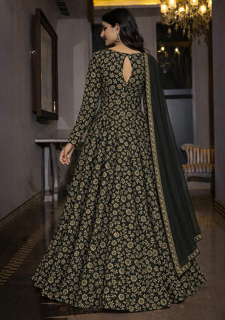 Black Silk Anarkali With Dupatta - Indya