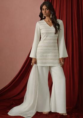 Ivory Embroidered Georgette Sharara Set