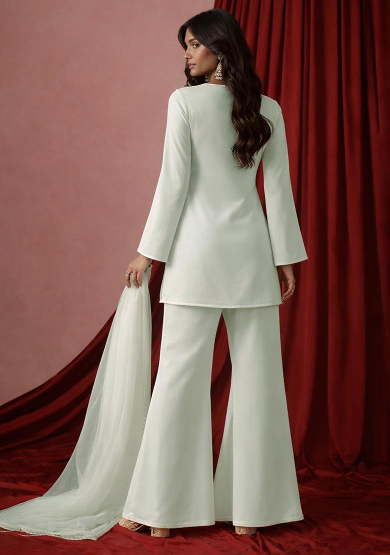 Ivory Embroidered Georgette Sharara Set - Indya