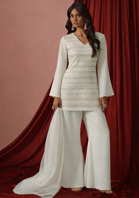 Ivory Embroidered Georgette Sharara Set