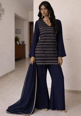 Navy Blue Embroidered Georgette Sharara Set