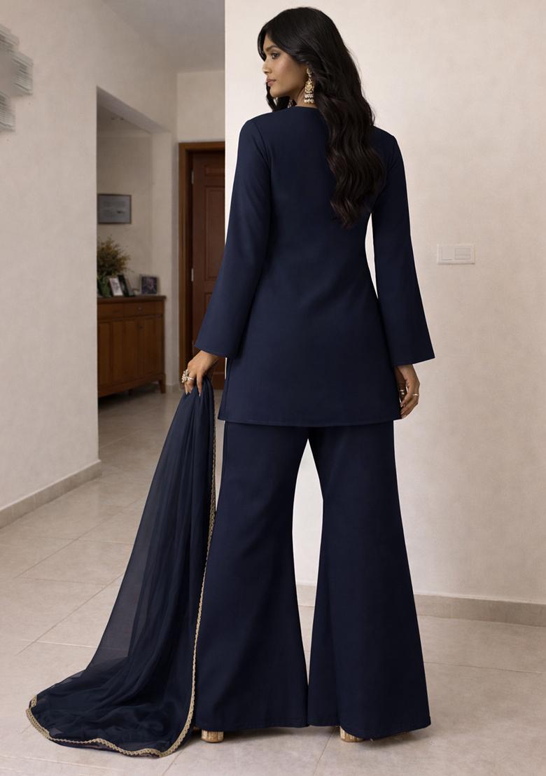 Navy Blue Embroidered Georgette Sharara Set - Indya