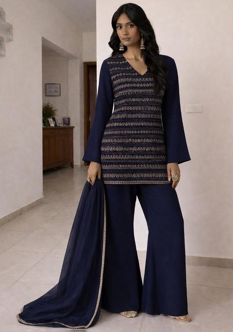 Navy Blue Embroidered Georgette Sharara Set