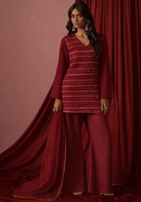 Wine Embroidered Georgette Sharara Set