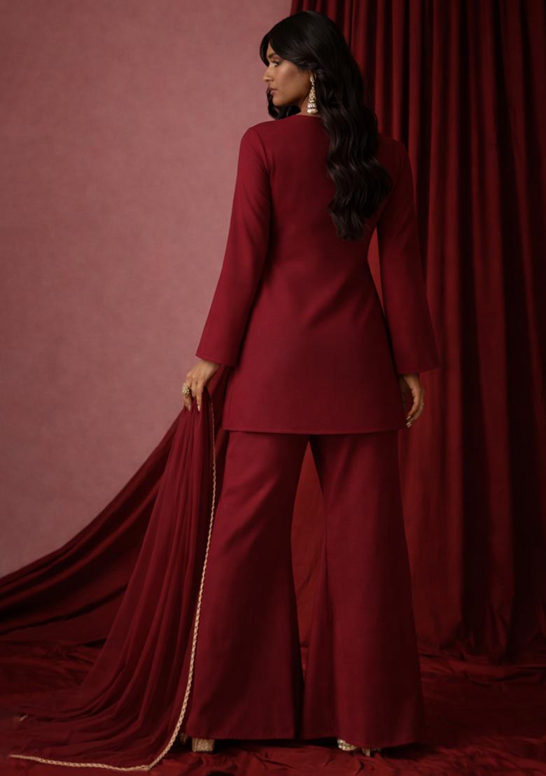 Wine Embroidered Georgette Sharara Set - Indya