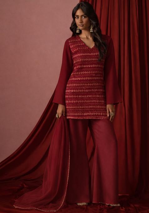 Wine Embroidered Georgette Sharara Set