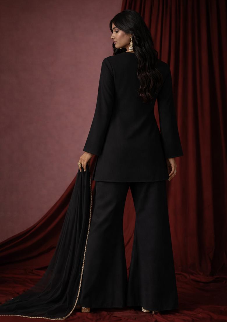 Black Embroidered Georgette Sharara Set - Indya