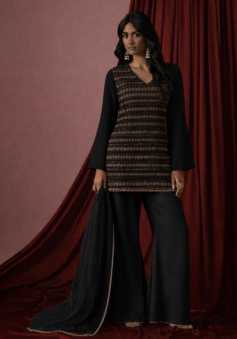 Black Embroidered Georgette Sharara Set