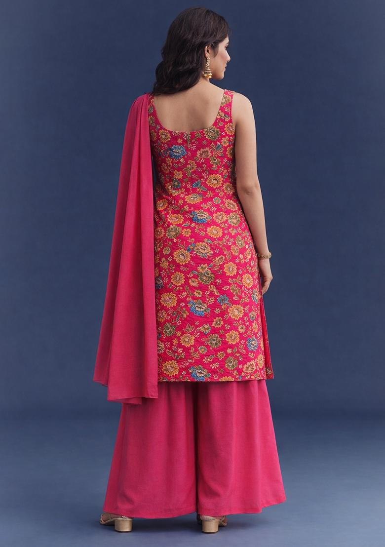 Rani Pink Floral Print Crepe Sharara Set - Indya