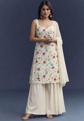 Off White Floral Print Crepe Sharara Set