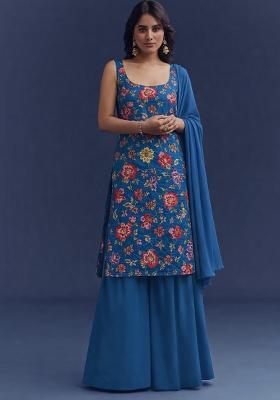 Navy Blue Floral Print Crepe Sharara Set