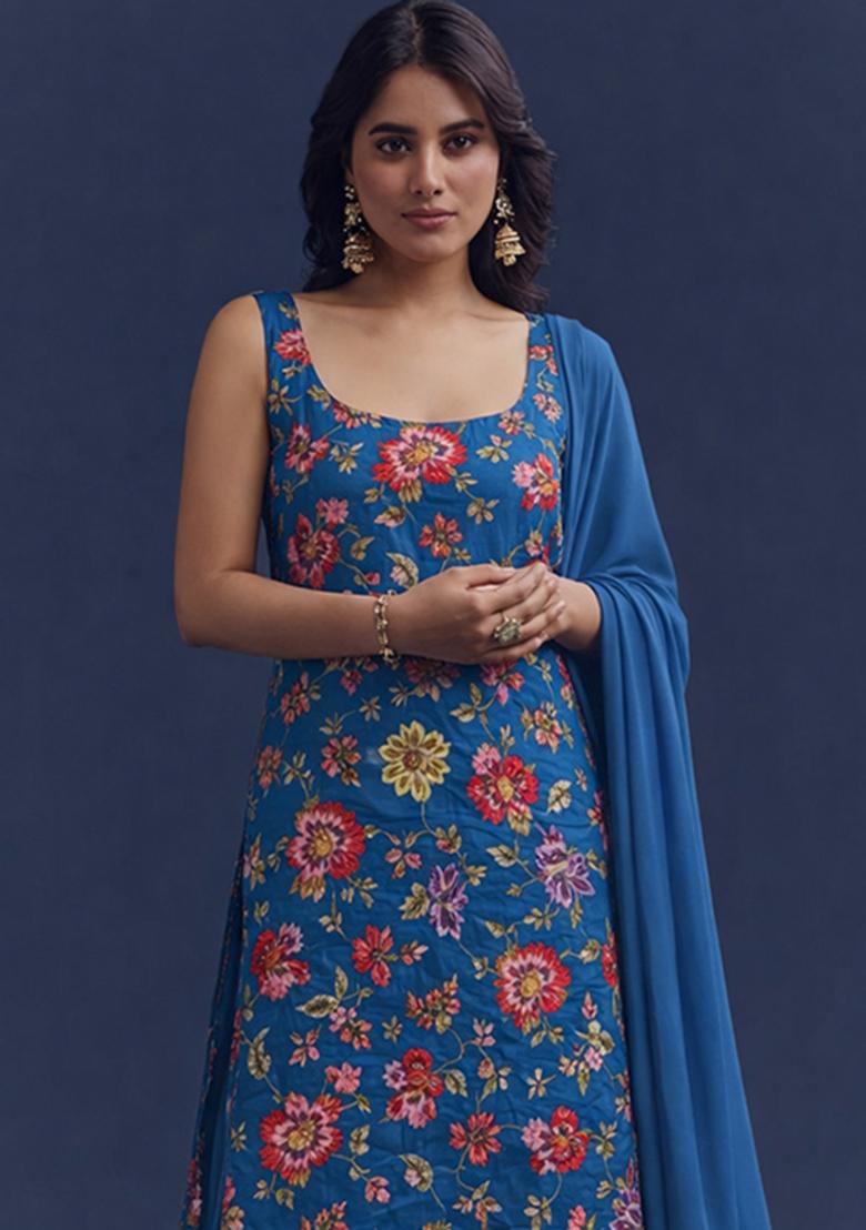 Navy Blue Floral Print Crepe Sharara Set - Indya