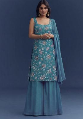 Teal Blue Floral Print Crepe Sharara Set