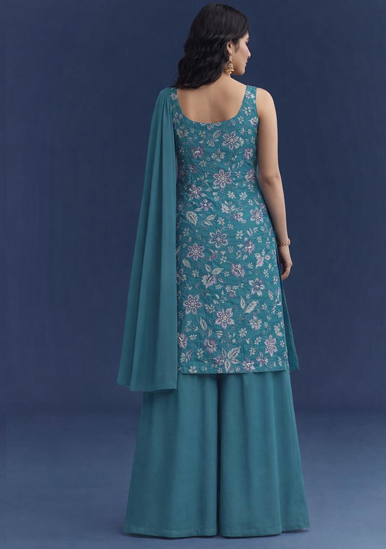 Teal Blue Floral Print Crepe Sharara Set - Indya