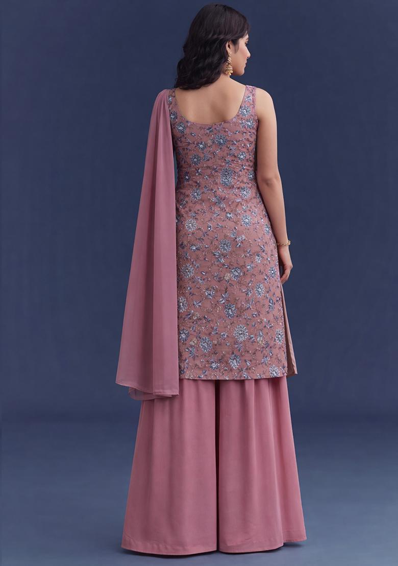 Muave Floral Print Crepe Sharara Set - Indya