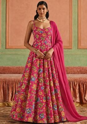 Rani Pink Floral Print Crepe Anarkali With Dupatta