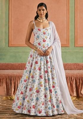 Ivory Floral Print Crepe Anarkali With Dupatta
