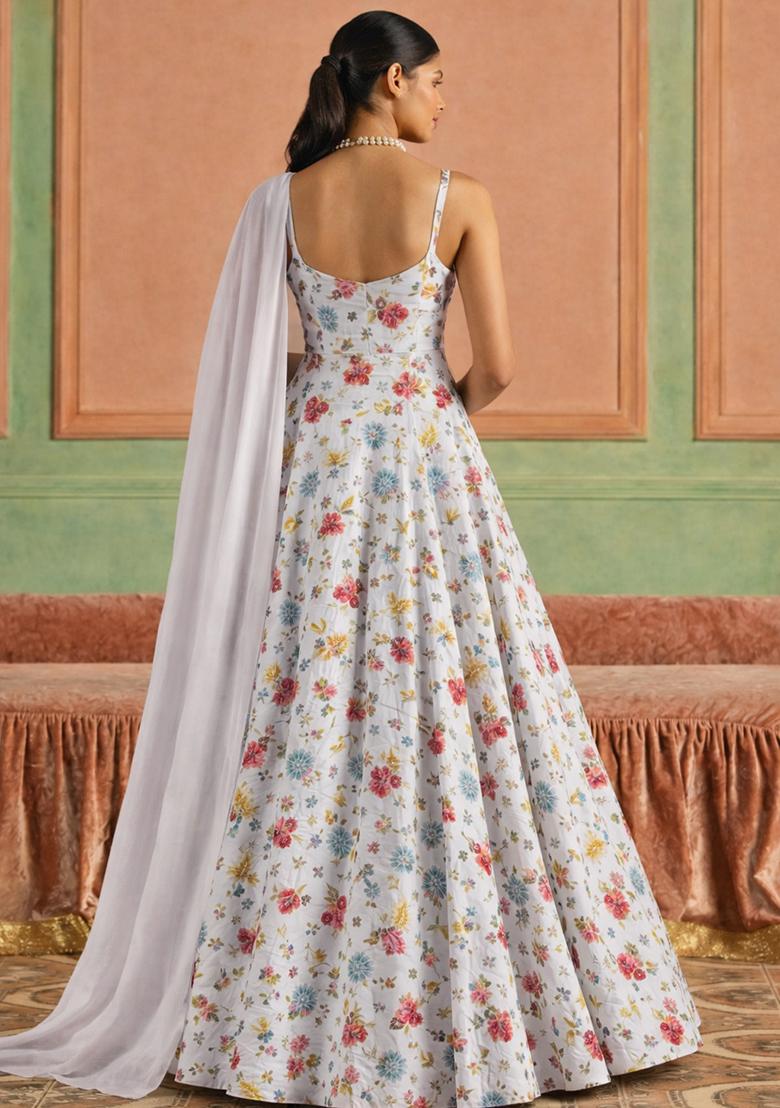 Ivory Floral Print Crepe Anarkali With Dupatta - Indya