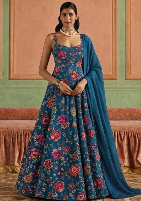 Royal Blue Floral Print Crepe Anarkali With Dupatta