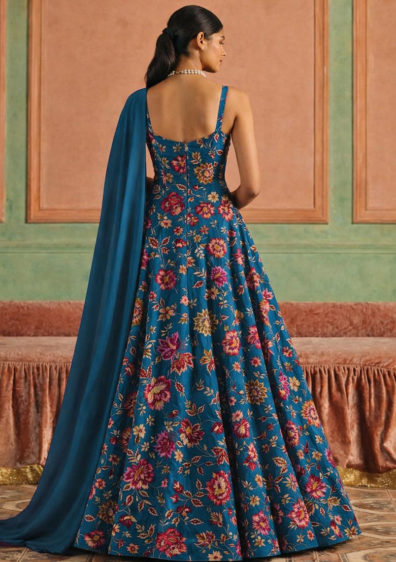 Royal Blue Floral Print Crepe Anarkali With Dupatta - Indya