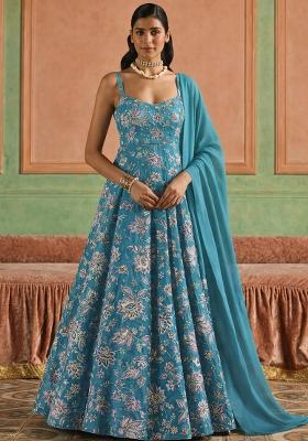 Bottle Green Floral Print Crepe Anarkali With Dupatta