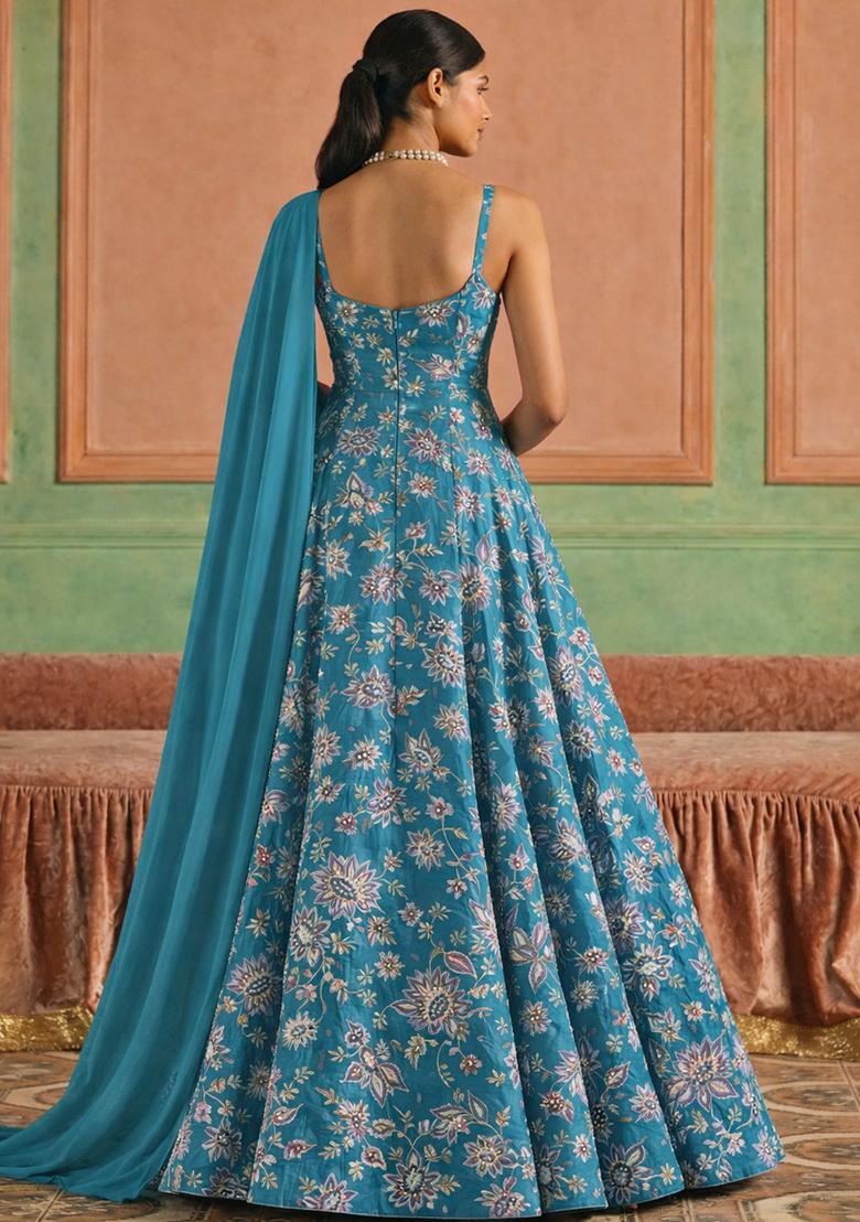 Bottle Green Floral Print Crepe Anarkali With Dupatta - Indya