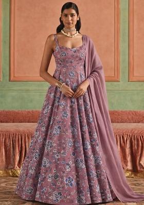 Muave Floral Print Crepe Anarkali With Dupatta
