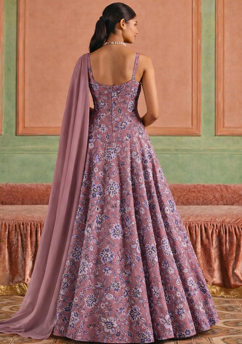 Muave Floral Print Crepe Anarkali With Dupatta - Indya