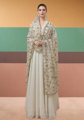 Off White Embroidered Crepe Anarkali With Dupatta