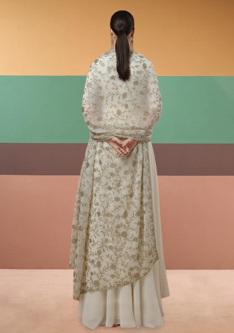 Off White Embroidered Crepe Anarkali With Dupatta - Indya