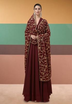 Wine Embroidered Crepe Anarkali With Dupatta
