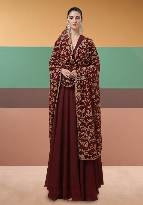Wine Embroidered Crepe Anarkali With Dupatta