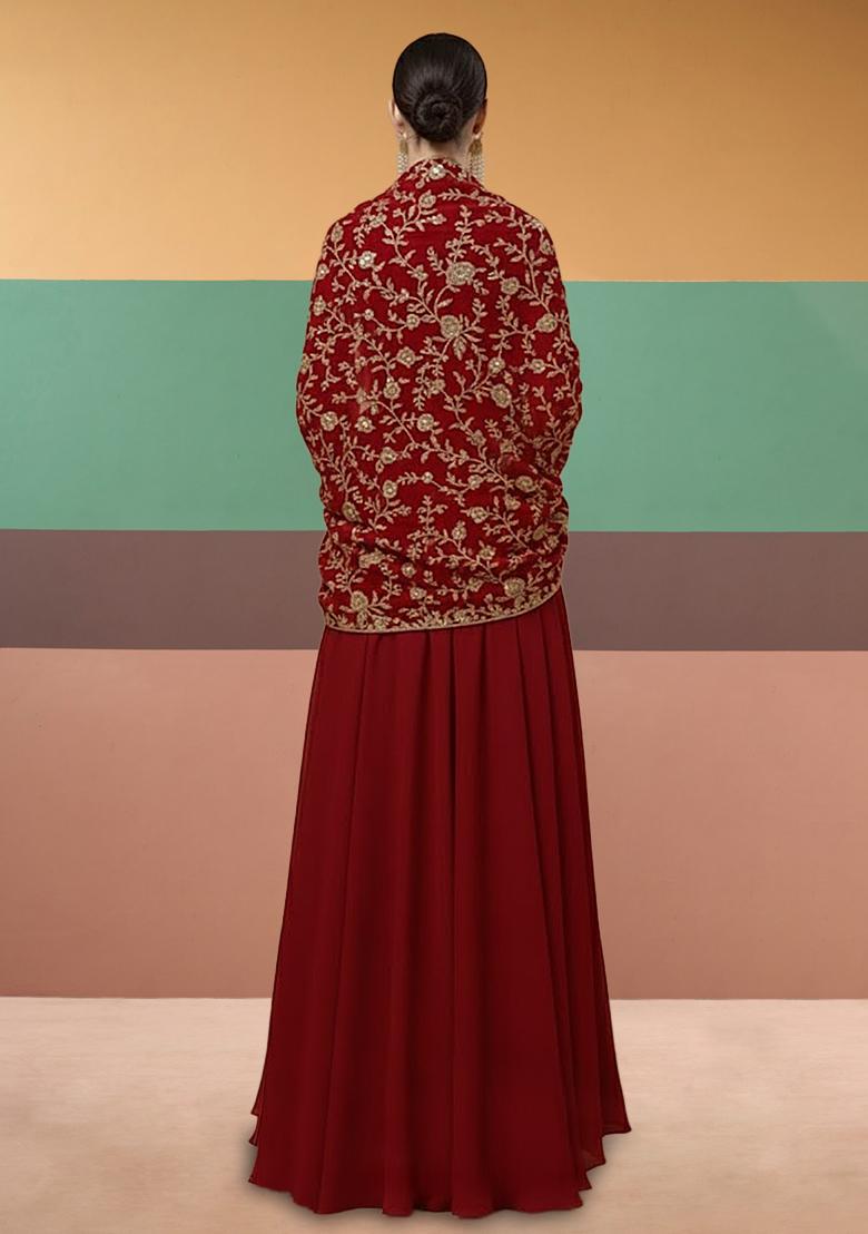 Deep Red Embroidered Crepe Anarkali With Dupatta - Indya