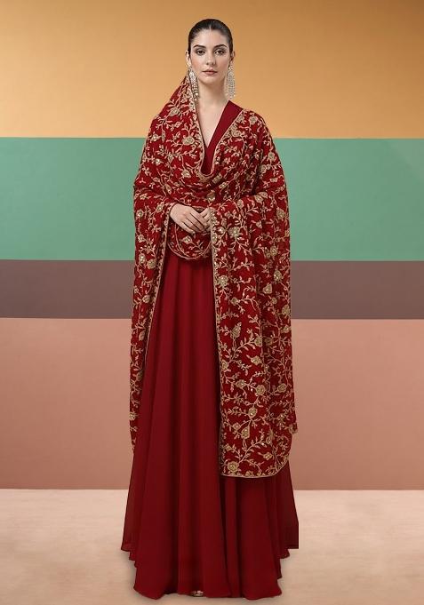 Deep Red Embroidered Crepe Anarkali With Dupatta