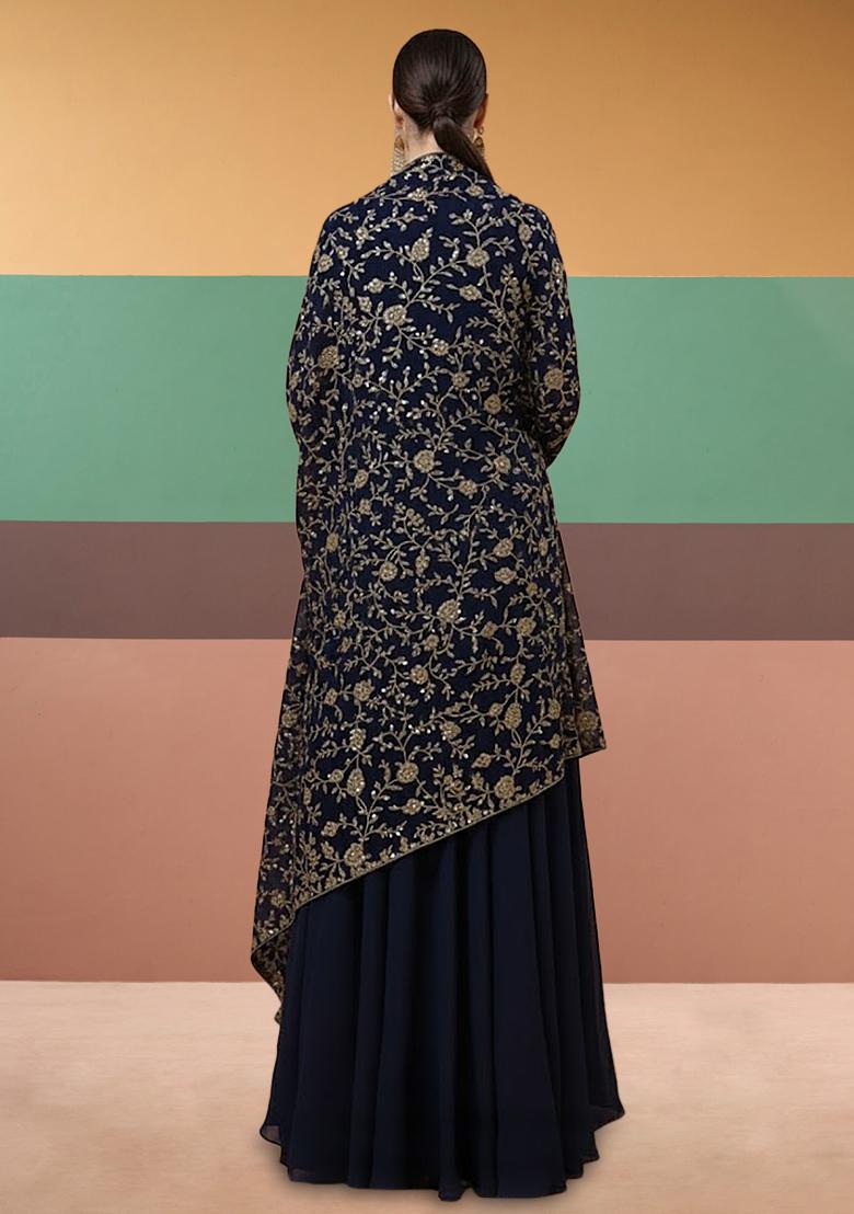 Navy Blue Embroidered Crepe Anarkali With Dupatta - Indya