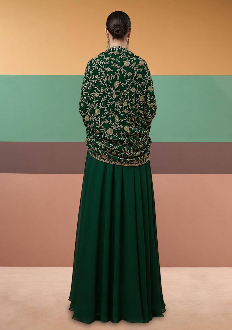 Dark Green Embroidered Crepe Anarkali With Dupatta - Indya
