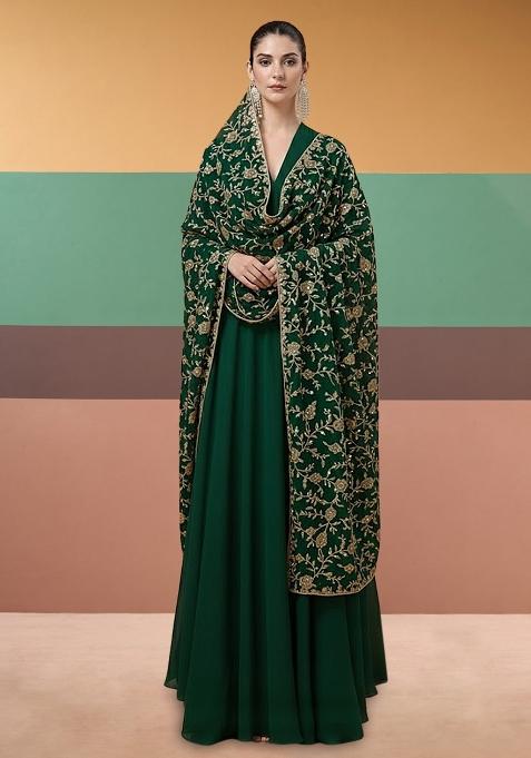 Dark Green Embroidered Crepe Anarkali With Dupatta