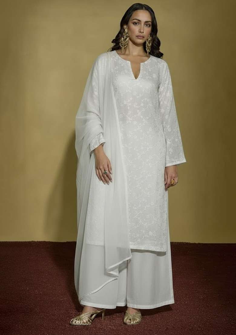 Ivory Chikankari Tissue Straight Kurta Set - Indya
