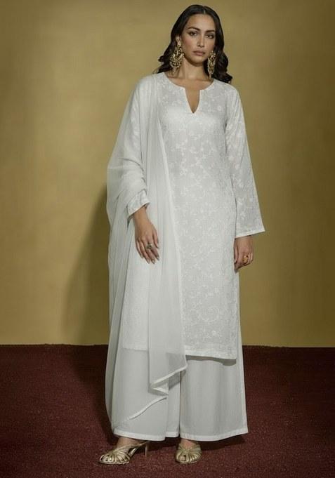 Ivory Chikankari Tissue Straight Kurta Set