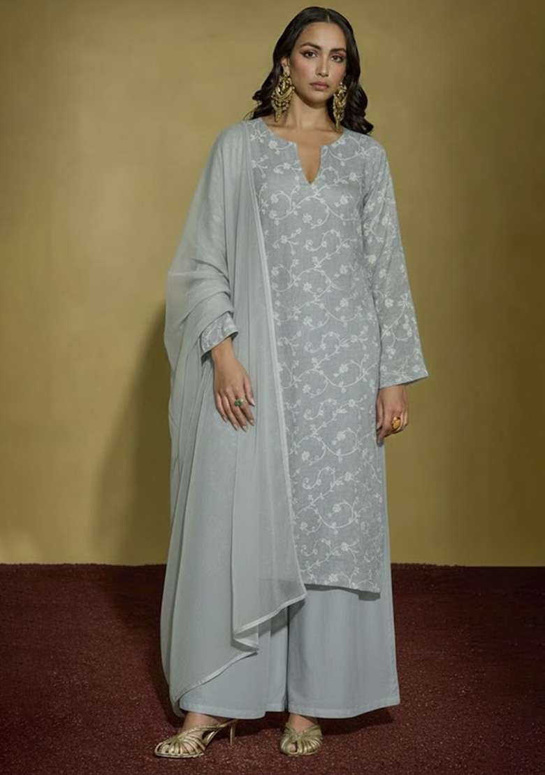 Powder Blue Chikankari Tissue Straight Kurta Set - Indya