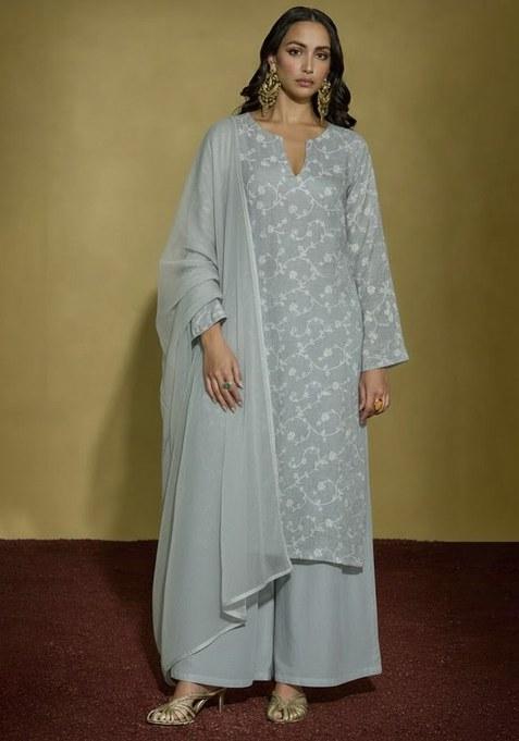 Powder Blue Chikankari Tissue Straight Kurta Set — view on Indya