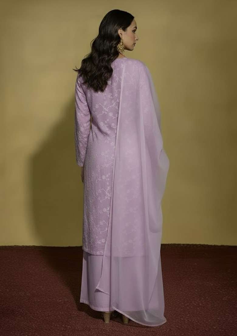 Lavender Chikankari Tissue Straight Kurta Set - Indya