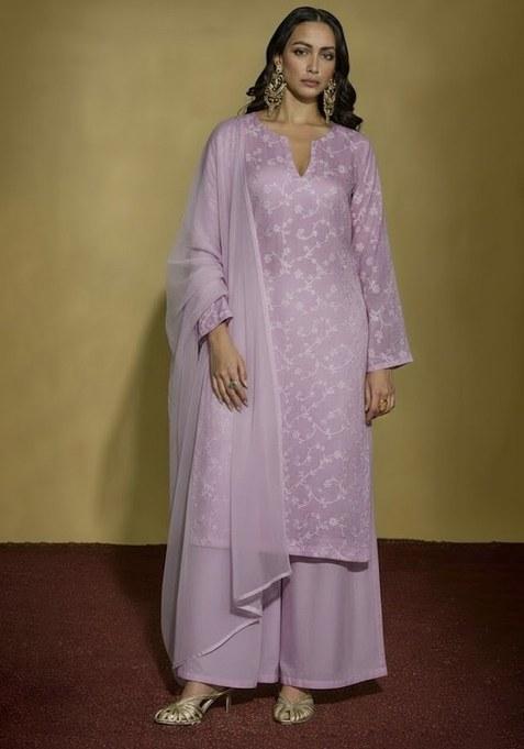 Lavender Chikankari Tissue Straight Kurta Set