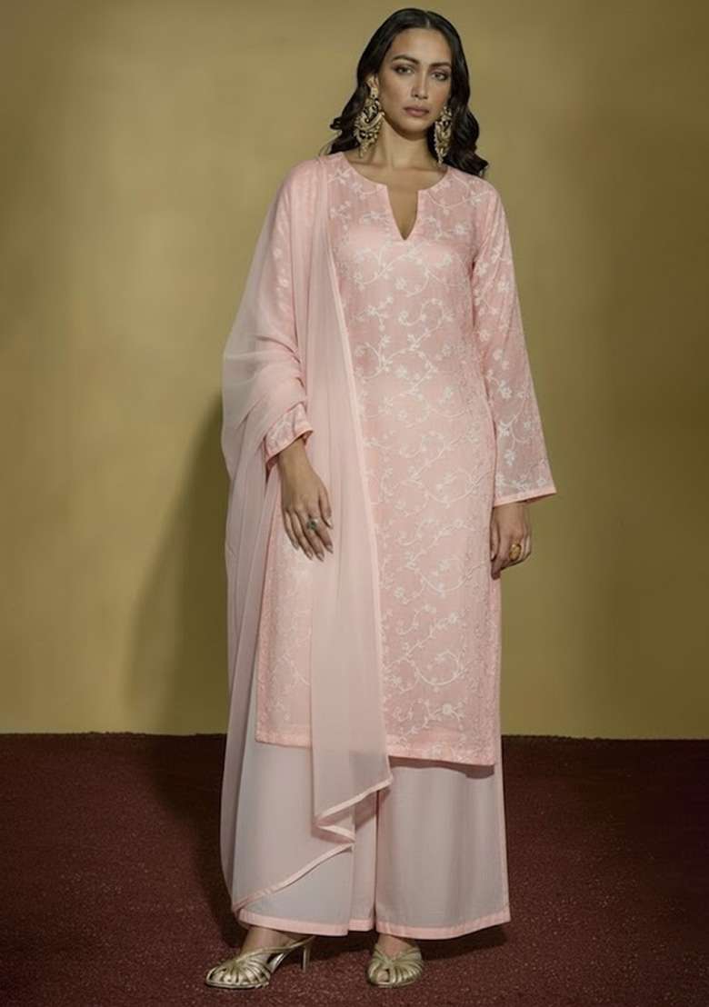Peach Chikankari Tissue Straight Kurta Set - Indya