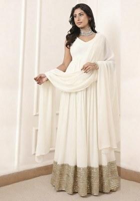 Off White Embroidered Georgette Anarkali With Dupatta